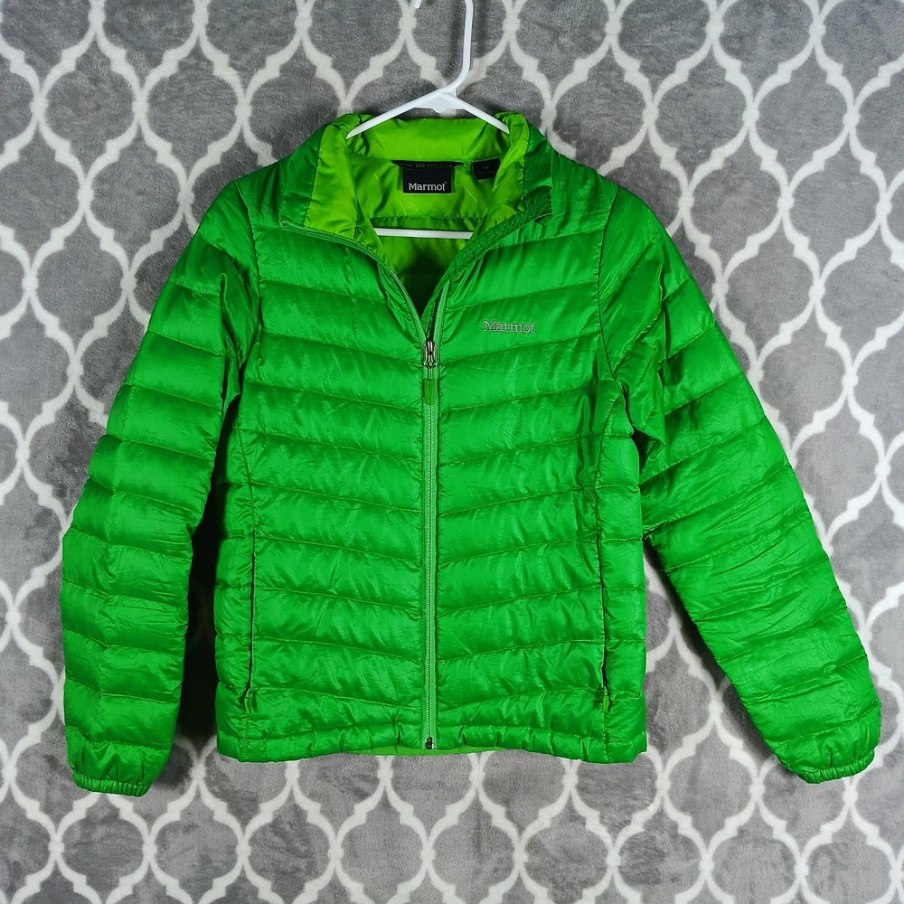 Marmot Puffer Jacket Women Small Green 800 Fill Down HYPE Quilted Full Zip Coat